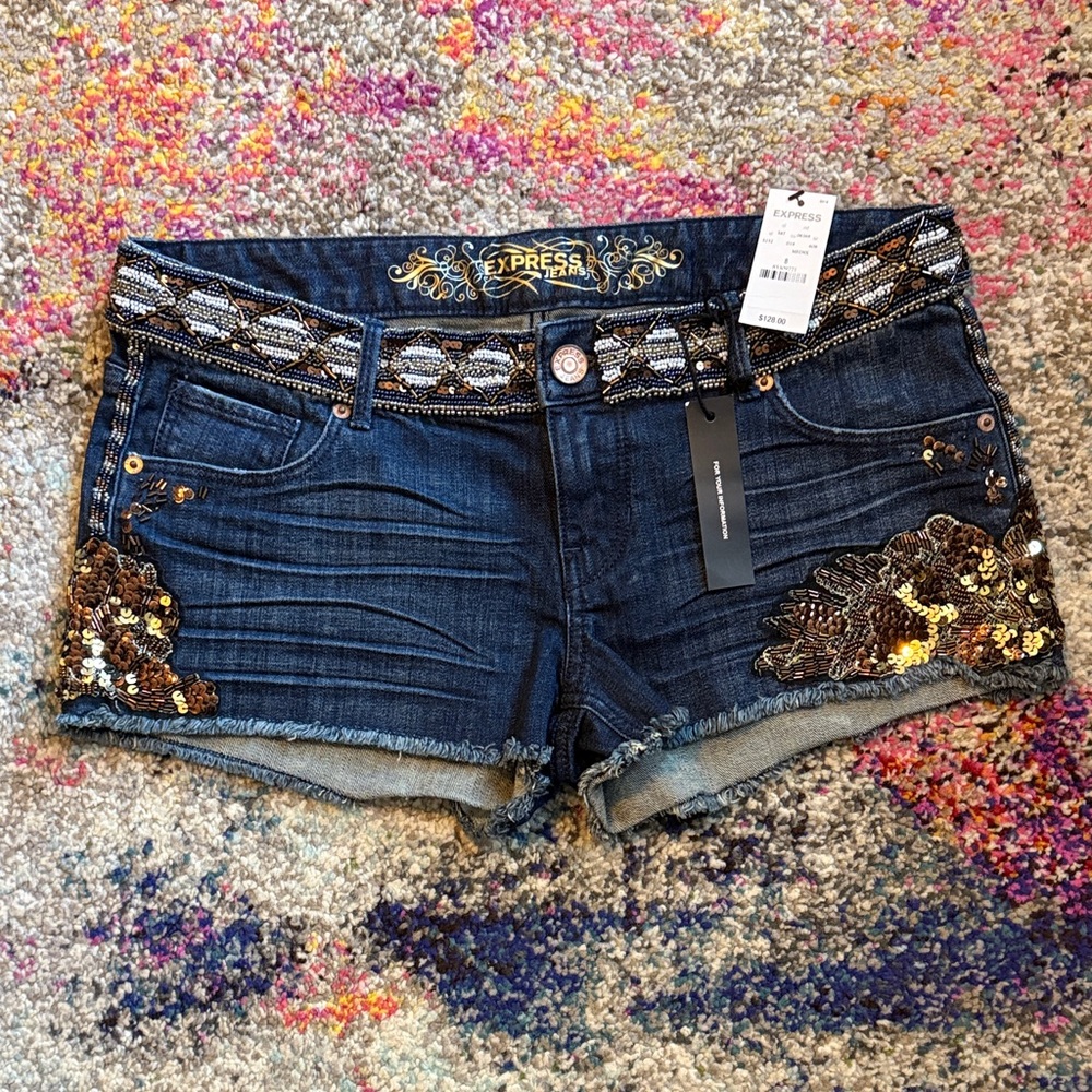 Express Dark Blue Jean Shorts with Gold Sequin Accents